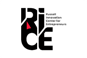 A black and white logo of the russell innovation center for entrepreneurs.
