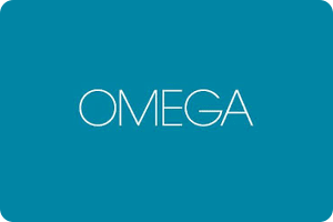 A blue background with the word omega written in white.